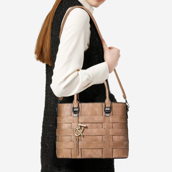 PU Leather Weave Brown Shoulder Bag for Women Elegant Top Handle Designer Purse - Picture 7 of 7